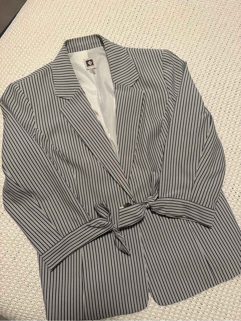 Anne Klein Grey and White Pinstripe Bow Sleeve Blazer